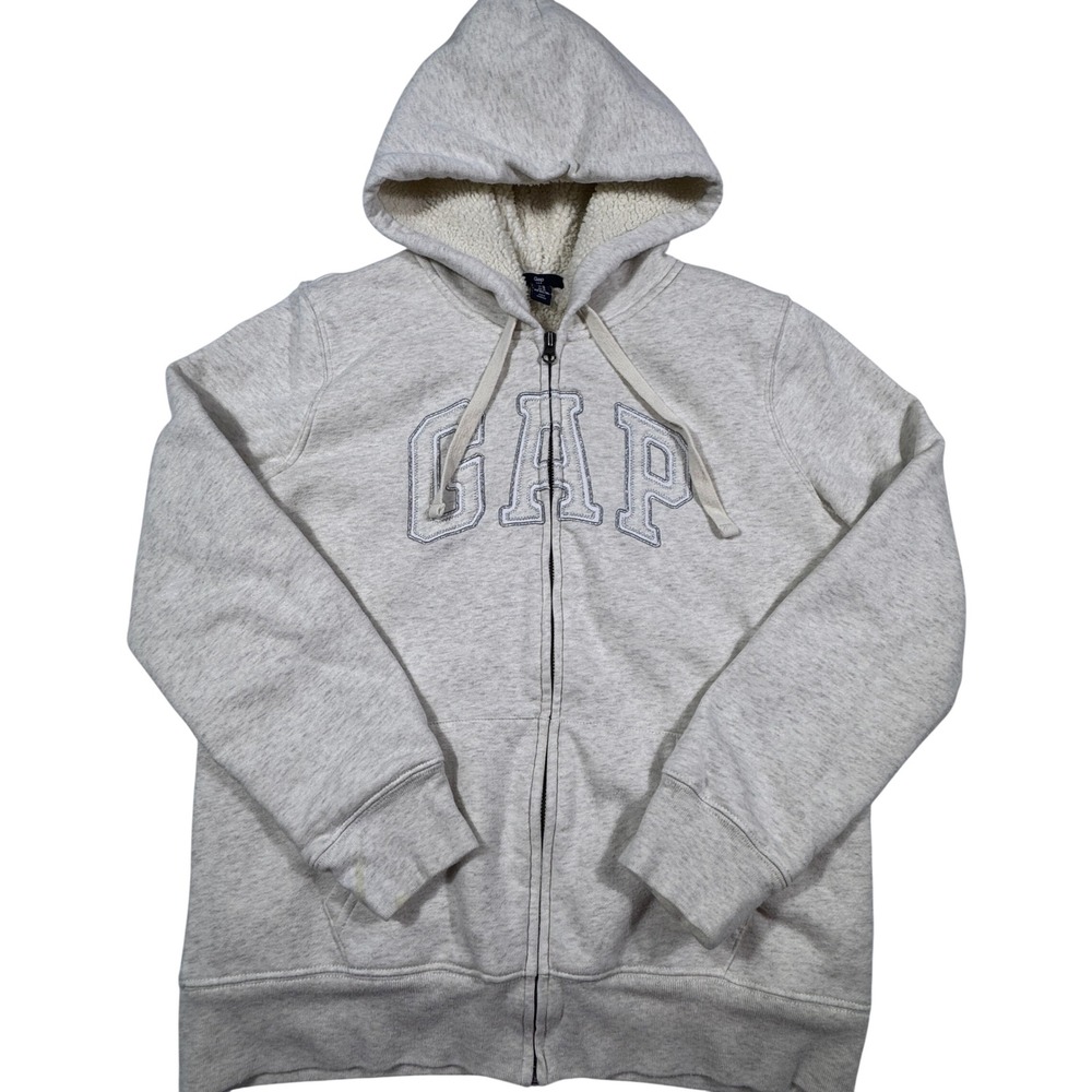 Gap Sherpa Lined Full Zip Hoodie Women's Medium Gray Heather Logo Sweatshirt‎